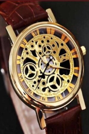Stylish Leather Watch with Gold-Tone Stainless Dial & Brown Strap Without Box